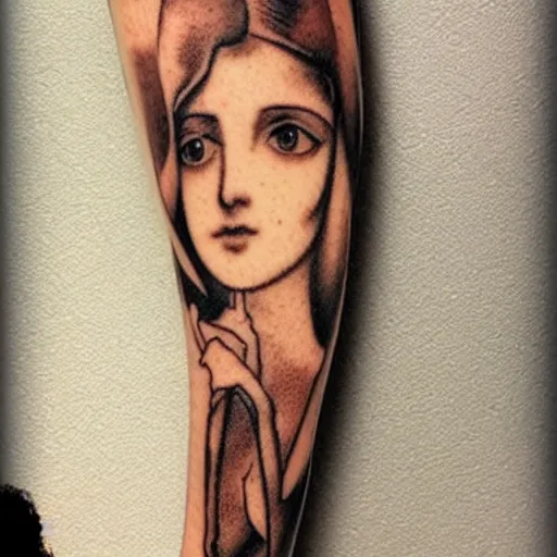 Image similar to beautiful thin wan angelic goddess in the style of fernand khnopff and lucien levy - dhurmer, tattoo on arm, detailed beautiful tattoo