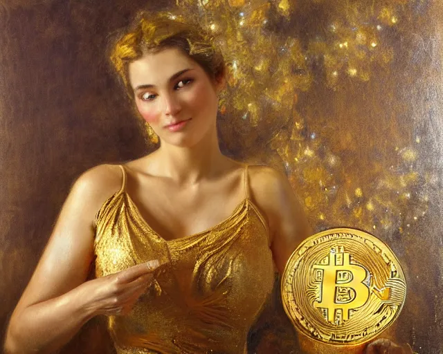 Prompt: attractive woman holding a golden bitcoin, commerial painting by annie liebovitz, gaston bussiere, craig mullins, j. c. leyendecker, 8 k