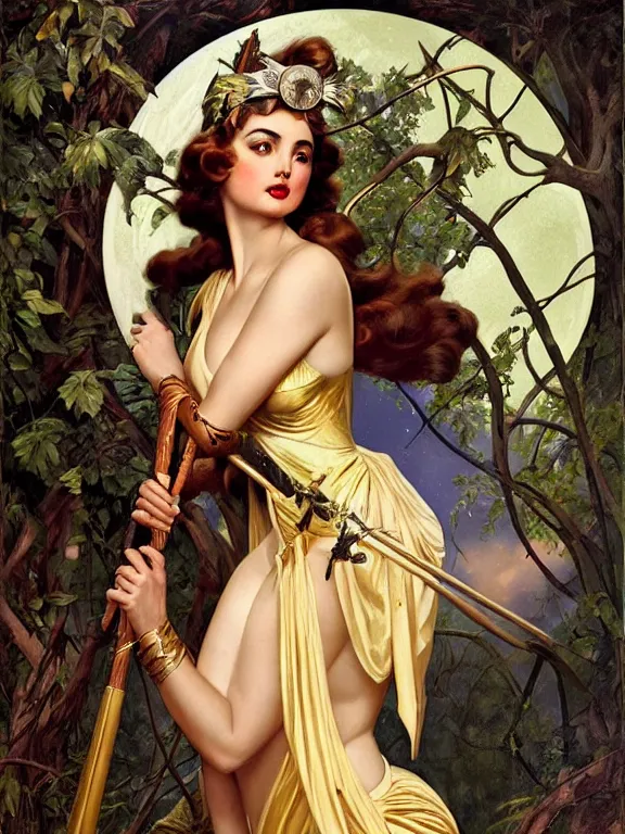 Image similar to Ana de armas as Artemis the Greek goddess of the hunt, a beautiful art nouveau portrait by Gil elvgren, Moonlit forest environment, centered composition, defined features, golden ratio, silver jewelry