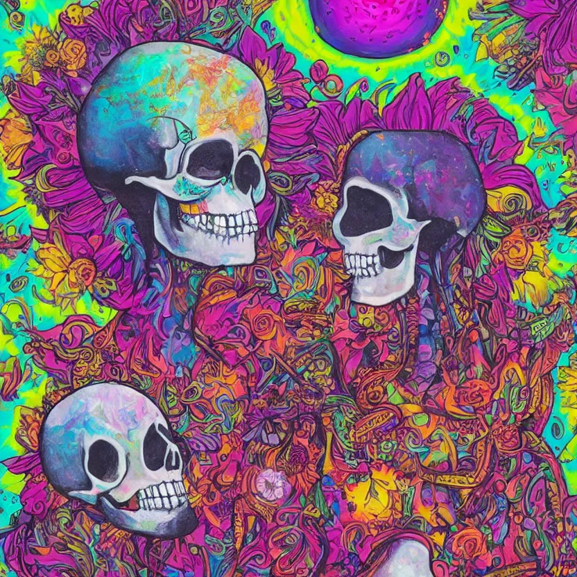 Prompt: a mixed media painting of a boy and a stunning girl. skull atoms, gothic harts, flowers, spaceships, with a cigarette in its mouth, poster art by lisa frank, behance contest winner, psychedelic art, psychedelic, high detailed, groovy