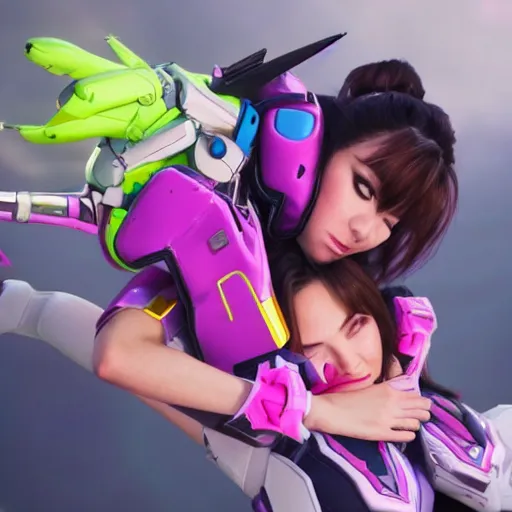 Image similar to D.Va from Overwatch taking a nap on top of her Meka