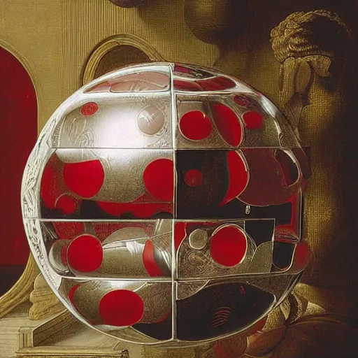 Prompt: chrome spheres on a red cube by hendrick goltzius