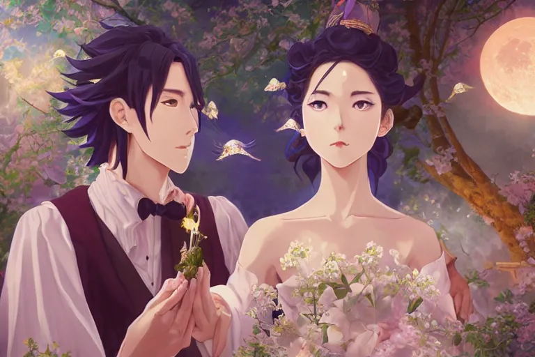 Image similar to a dreamlike portrait of wedding close up moment of a divine a japan sun god and moon goddess lovers magician at a wedding banquet. highly detailed, digital painting, fantasy wedding screen, 8 k realistic, hyper detailed, by makoto shinkai and akihiko yoshida and hidari and wlop