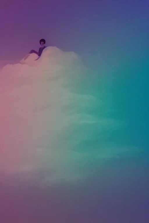 Prompt: high quality pastel coloured film photograph of a model wearing clothing resting on cloud furniture in a nordic black rock environment in a partially haze filled dreamstate world. three point light, rainbow. photographic production. art directed. pastel colours. volumetric clouds. pastel gradient overlay. waves glitch artefacts. 8 k. filmic.