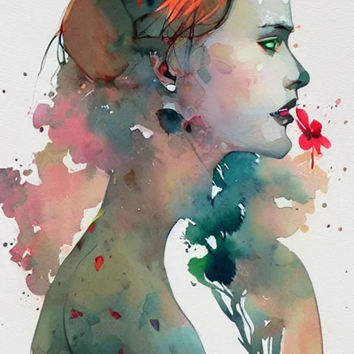 Image similar to watercolor painting by conrad roset, flowers growing out, cgsociety, artstation