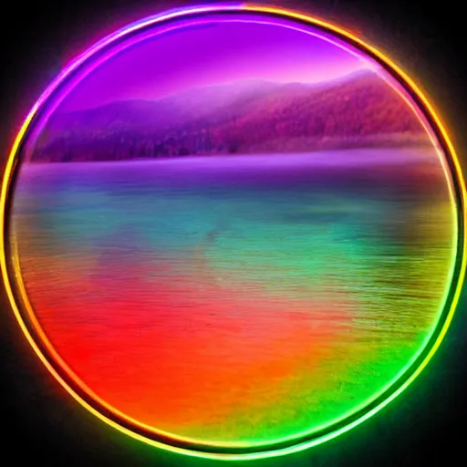 Image similar to rainbow neon sign half circle in water reflected on lake, misty mountains surrounded by beautiful forest, sunny summertime sunlit daylight, hdr, 4 k, award winning photography, volumetric lighting, artstation