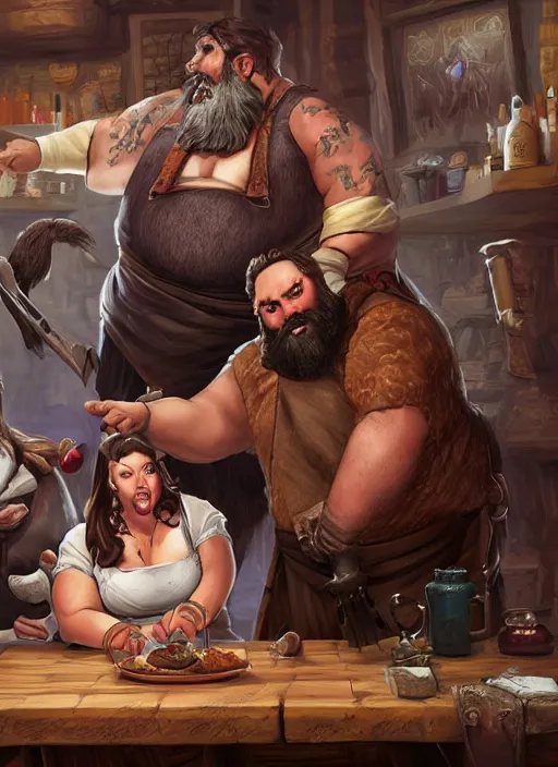 Image similar to an epic fantasy comic book style portrait painting of a hearty man with a big belly and thick beard and large woman who are a couple in a tavern with them both wearing aprons, unreal 5, daz, hyperrealistic, octane render, cosplay, rpg portrait, dynamic lighting