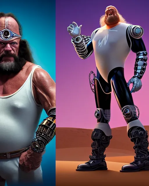 Prompt: disney pixar portrait 8 k photo of randy savage, terry bollea, jim duggan, arn anderson wearing elaborate jewelry : : as tesla cyborg man by pixar : : by weta, greg rutkowski, wlop, ilya kuvshinov, rossdraws, artgerm, annie leibovitz, rave, unreal engine, alphonse mucha : :