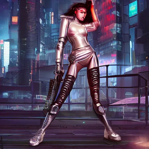 Image similar to cyberpunk girl with a katana in front of a cybernetic building, electric energy, beautiful, full body shot, getting ready to fight, heroic pose, urban motifs, intricate, elegant, highly detailed, digital painting, trending on artstation, concept art, smooth sharp focus, illustration, art by artgerm and greg rutkowski