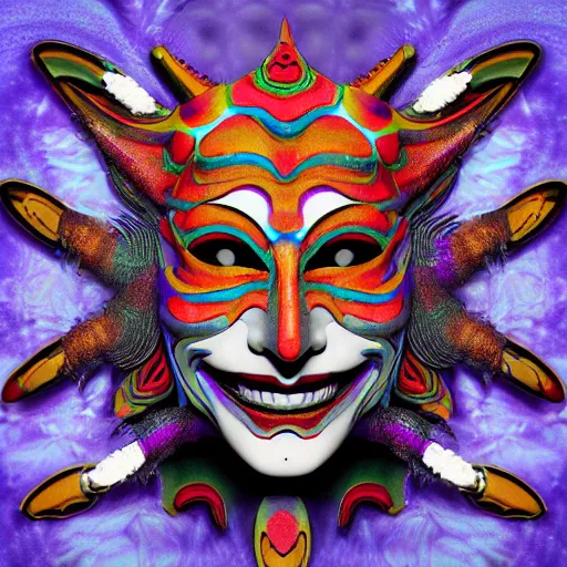 Image similar to a psychedelic jester mask with three rows of eyes album cover 4k