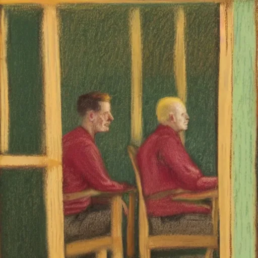 Prompt: two men sitting in chairs across from each other in a tiny room, pastel painting