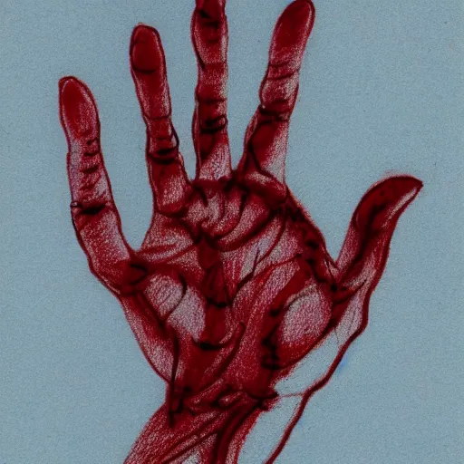 Image similar to drawing of a ten finger hand, drawn with blood on paper