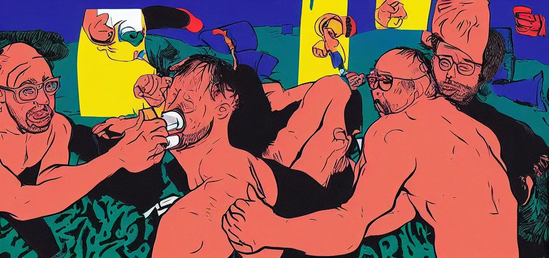 Image similar to Sam Hyde sparring with Joe Rogan but they are lost in a David Lynch movie, Mike Judge art style, 90's mtv illustration, surrealism, clean linework, vivid complementary colors