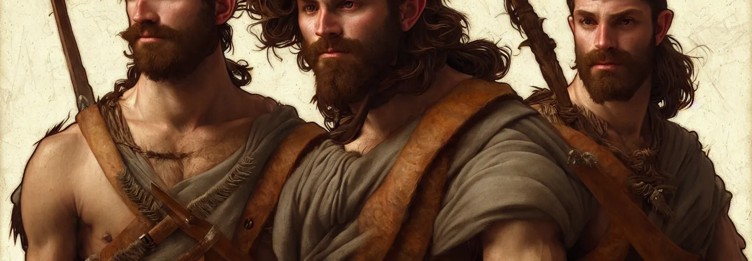 Prompt: renaissance upper body portrait of a gruff ranger with a spear, irish, lean and toned, handsome face, hairy chest, D&D, intricate, elegant, highly detailed, digital painting, artstation, concept art, matte, sharp focus, illustration, art by da Vinci, Artgerm and Greg Rutkowski and Alphonse Mucha