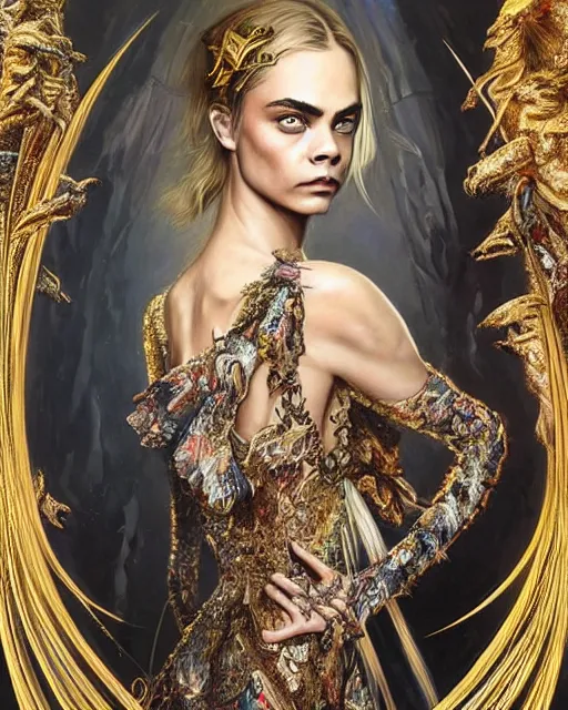 Image similar to cara delevingne wearing epic haute couture by Alexander McQueen, extremely beautiful face, masterpiece, intricate, elegant, highly detailed, digital painting, artstation, concept art, smooth, sharp focus, illustration, art by artgerm and james jean and greg rutkowski and alphonse mucha