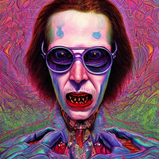 Image similar to Fear and Loathing Vampire in Wonderland, a psychedelic horror fantasy portrait by Wayne Barlowe and Artgerm, vivid color, album cover,