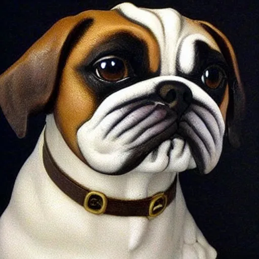 Image similar to photo of pugalier dog sculpture, by caravaggio, immense detail, intricate background