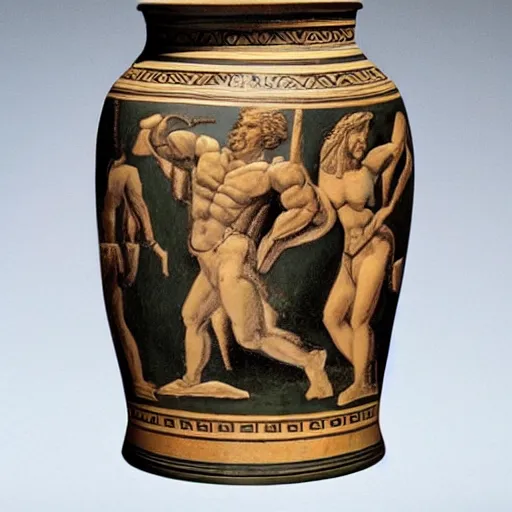 Image similar to Hercules gaining weight after retirement, Greek vase art