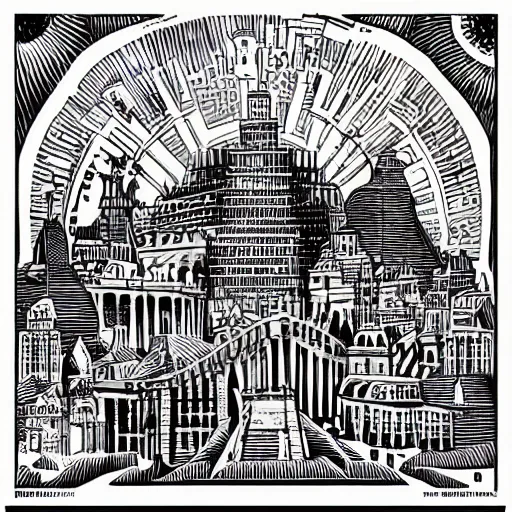 Image similar to mcbess and rutkowski artwork of civilisation. its people were said to be wise and just, and their city was a beautiful place full of wonderful buildings and treasures.