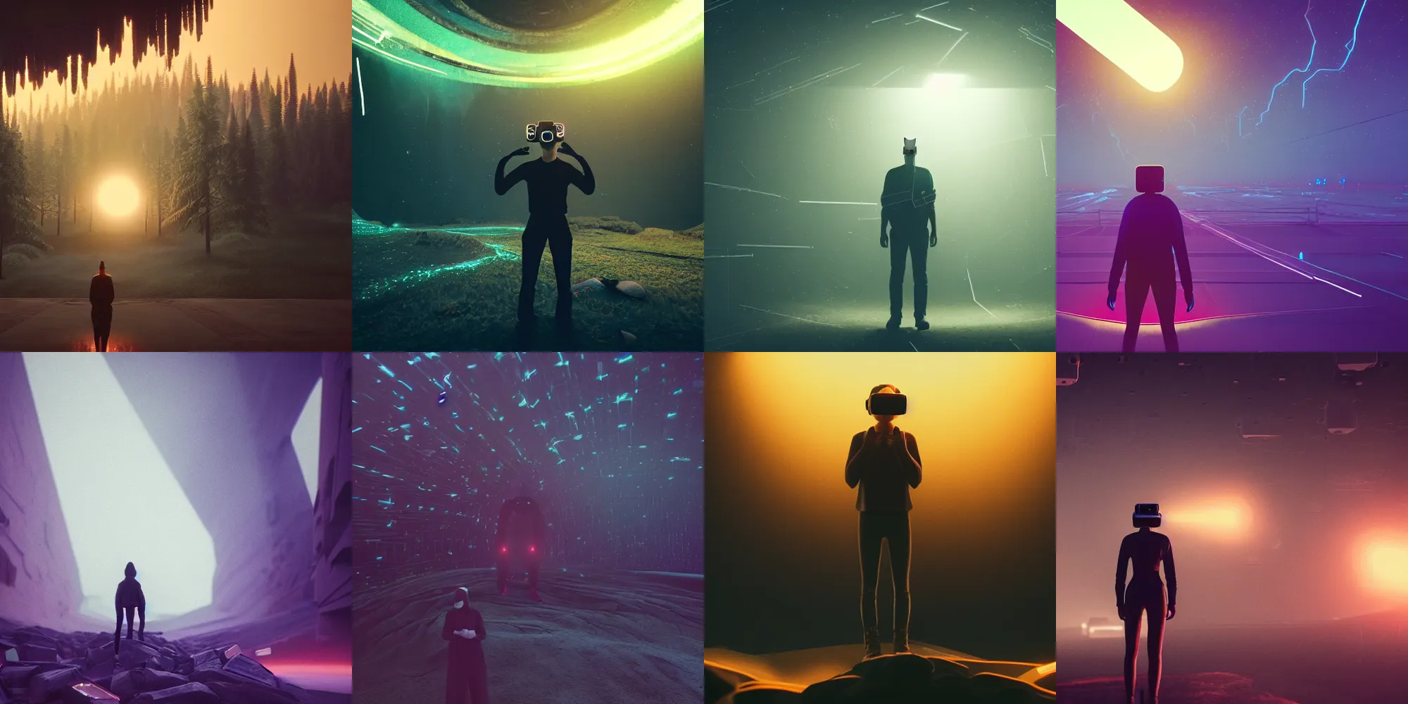 Image similar to beautiful dark landscape, person screaming wearing virtual reality, in the style of beeple and Mike Winkelmann, intricate, epic lighting, cinematic composition, hyper realistic, 8k resolution, unreal engine 5,