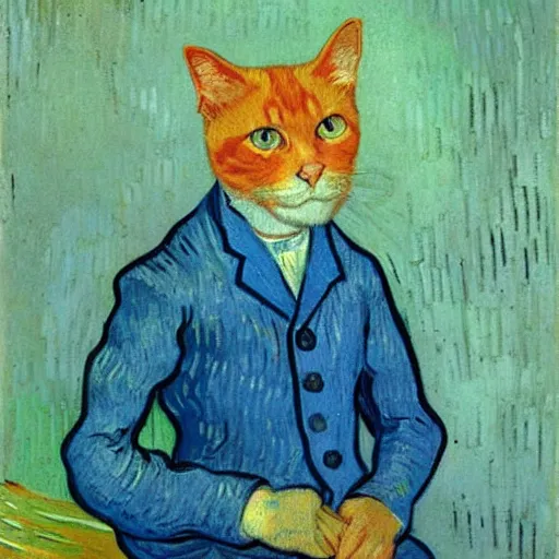 Image similar to a portrait of a ginger orange cat with it's whole head visible, wearing a light blue suit, by Vincent Van Gogh