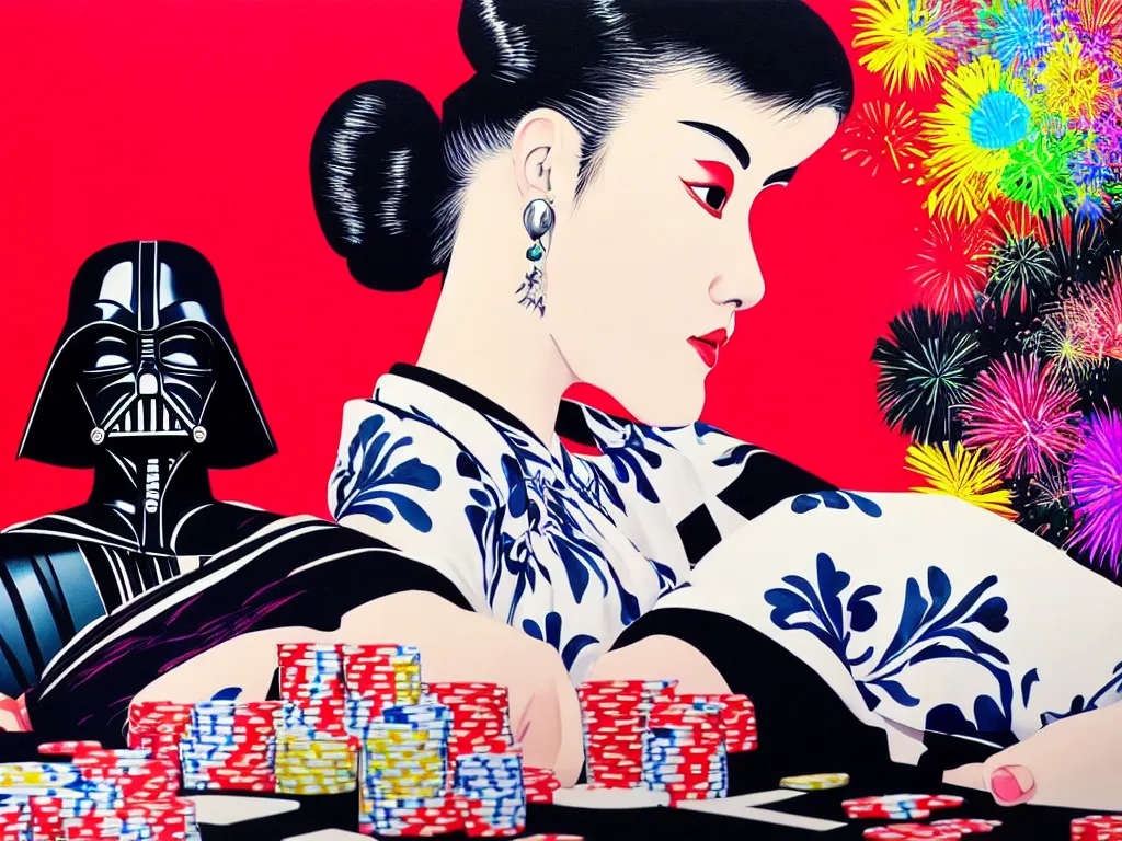 Image similar to hyperrealistic composition of the detailed woman in a japanese kimono sitting at a poker table with darth vader, fireworks, beautiful mountain in the background, pop - art style, jacky tsai style, andy warhol style, acrylic on canvas