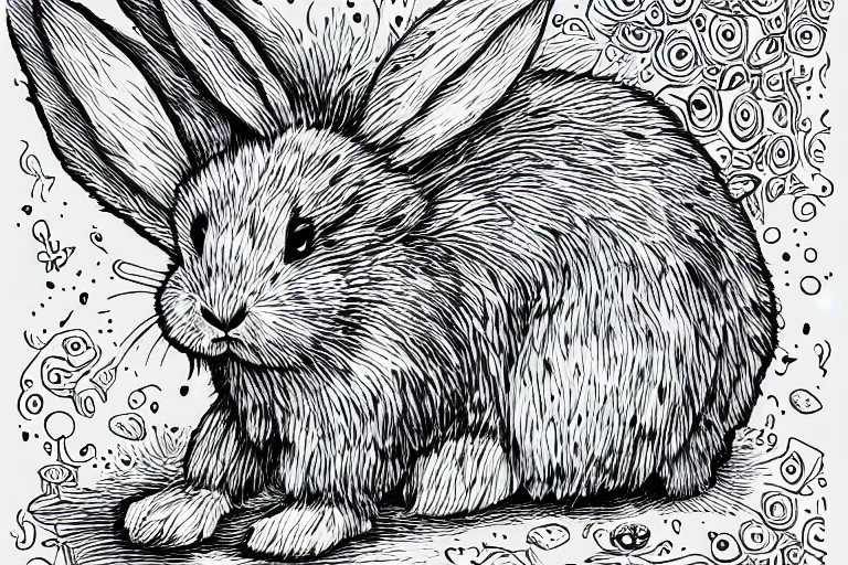 Prompt: a cute fluffy rabbit with a flint knife cuts through water, in a lowbrow, pop surrealism art style, rubberhose animation character style, intricate, line-drawing, black ink on white paper