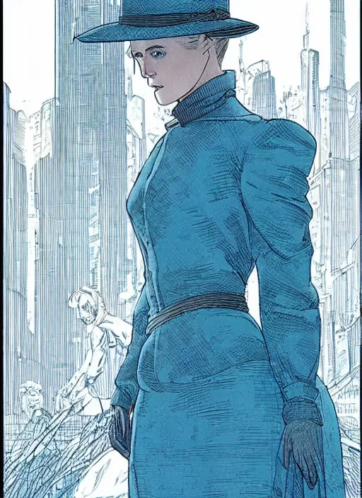 Prompt: dolores ( evan rachel wood ) from westworld, beautiful portrait, blue dress, elegant, clear clean face, by moebius, katsuhiro otomo, tsutomu nihei, laurie greasley