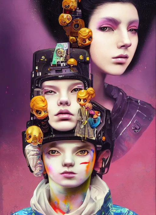 Prompt: beautiful portrait painting of a beautiful cyberpunk lofi princess and her corgi assassin king, by Afarin Sajedi, Alessandro Barbucci, Alex Gross, Shin Jeongho, Shohei Otomo. trending on Artstation, 8k, masterpiece, face enhance, graffiti paint, fine detail, full of color, intricate detail, golden ratio illustration