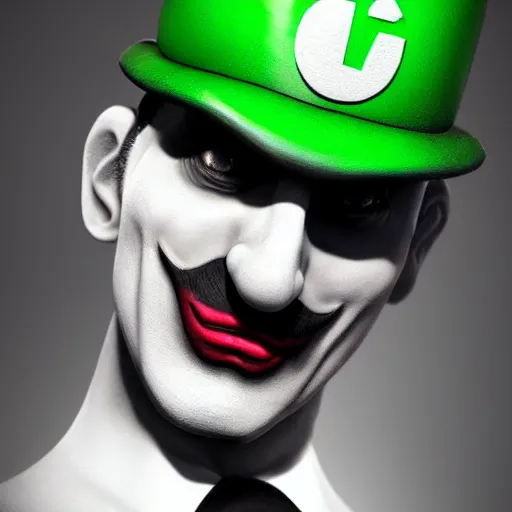 Image similar to Luigi in real life with joker makeup, realistic, very realistic, hyperrealistic, highly detailed, very detailed, extremely detailed, detailed, digital art, oil painting, trending on artstation, headshot and bodyshot, detailed face, very detailed face, extremely detailed face, HD Quality, 8k resolution