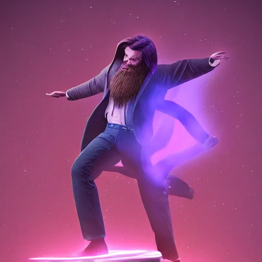 Image similar to A very detailed digital art rendering and concept design of a beautiful bearded young ethereal man beautifully positioned and dancing in volumetric lighting, three dimensions, a digitally transformed environment, user interface design, 3D modeling, illustration, and transportation design