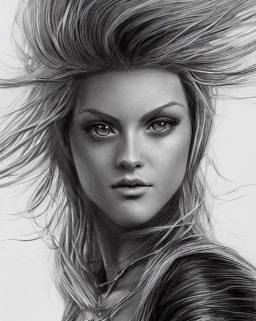 Image similar to pencil drawing of beautiful cat - robo woman goddess, beautiful blonde hair flying in the wind, hyper realistic face, in the style of greg rutkowski, fantasy, amazing detail, epic, elegant, smooth, sharp focus, from the front