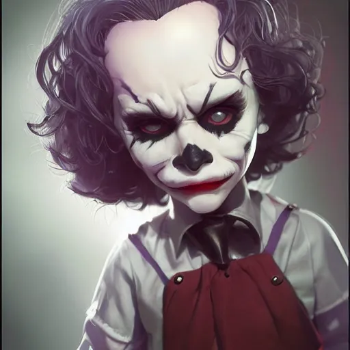 Image similar to Cute Joker as a doll, by Stanley Artgerm Lau, WLOP, Rossdraws, James Jean, Andrei Riabovitchev, Marc Simonetti, Yoshitaka Amano, ArtStation, CGSociety,