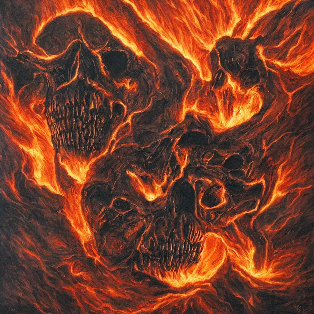 Image similar to an active supervolcano exploding with fire and thick smoke in the shape of a demonic skull by dan seagrave art