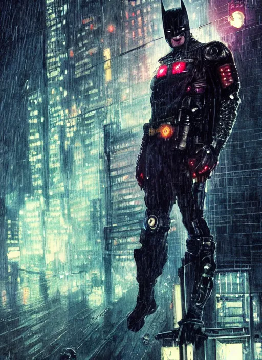 Image similar to cyberpunk batman, rule of thirds, russia, moscow, rain, lights, close - up, high quality, ultrarealistic, sculls, neon glow, 3 d, 8 k, ultra high detailed, by giger, trending on artstation, spotlight, by greg rutkowski, by da vinci, by van gogh, by jeremy mann, digital painting