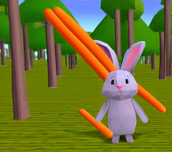 Prompt: a bunny holding a carrot in a forest, screenshot of a 1994 PS1 game, polygonal 3D