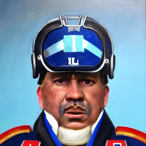 Image similar to facial portrait of nfl detroit lions dictator, military uniform, blue and silver, 1 8 3 4, oil on canvas by william sidney mount, trending on artstation
