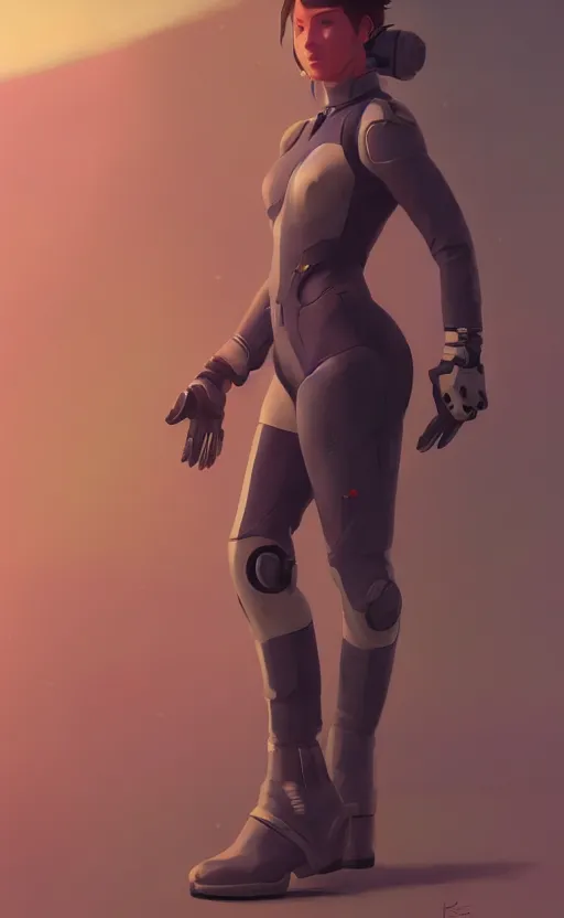 Image similar to sci fi female character, muted colored bodysuit, sci-fi oversized mechanical boots that go up to the thigh that are thick and clunky, soft lighting, wojtek fus, by Makoto Shinkai and Ilya Kuvshinov,