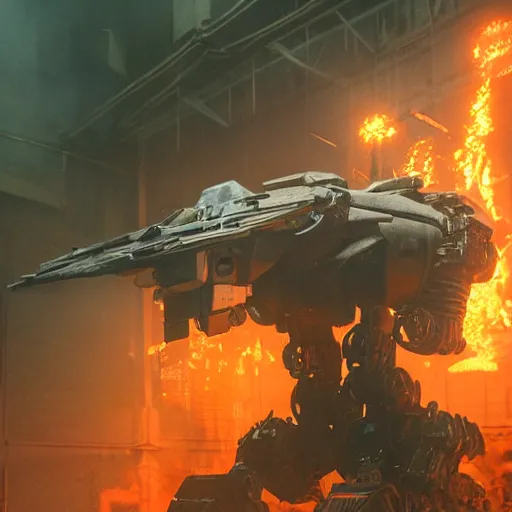 Prompt: mecha made from car parts, dark messy smoke - filled cluttered workshop, dark, dramatic lighting, orange tint, cinematic, highly detailed, sci - fi, futuristic, movie still from blade runner