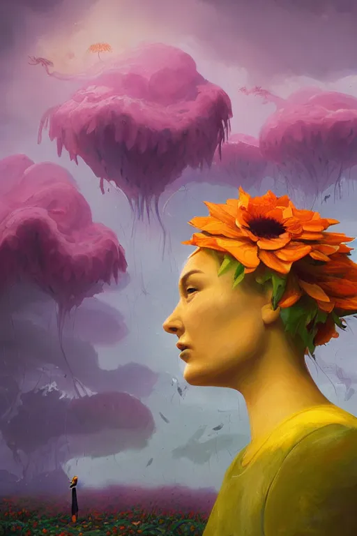 Prompt: closeup, giant flower as a head, girl surrounded by monsteras, surreal photography, wind and cold, dramatic sky, impressionist painting, digital painting, artstation, simon stalenhag