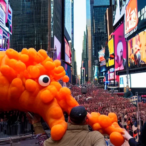 Image similar to photograph of Donald trump licking a giant Cheeto in times square