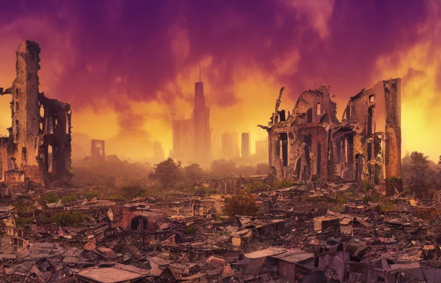 Image similar to Stunning photorealistic background of a city in ruin in a strange purple dimension with a large red sun looming in the distance on a rainy and foggy day, A large tower stands in the center of the crumbling buildings, parallax background