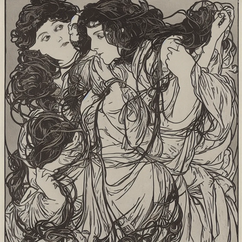 Image similar to monochromatic engraving by alphonse mucha and gustave klint