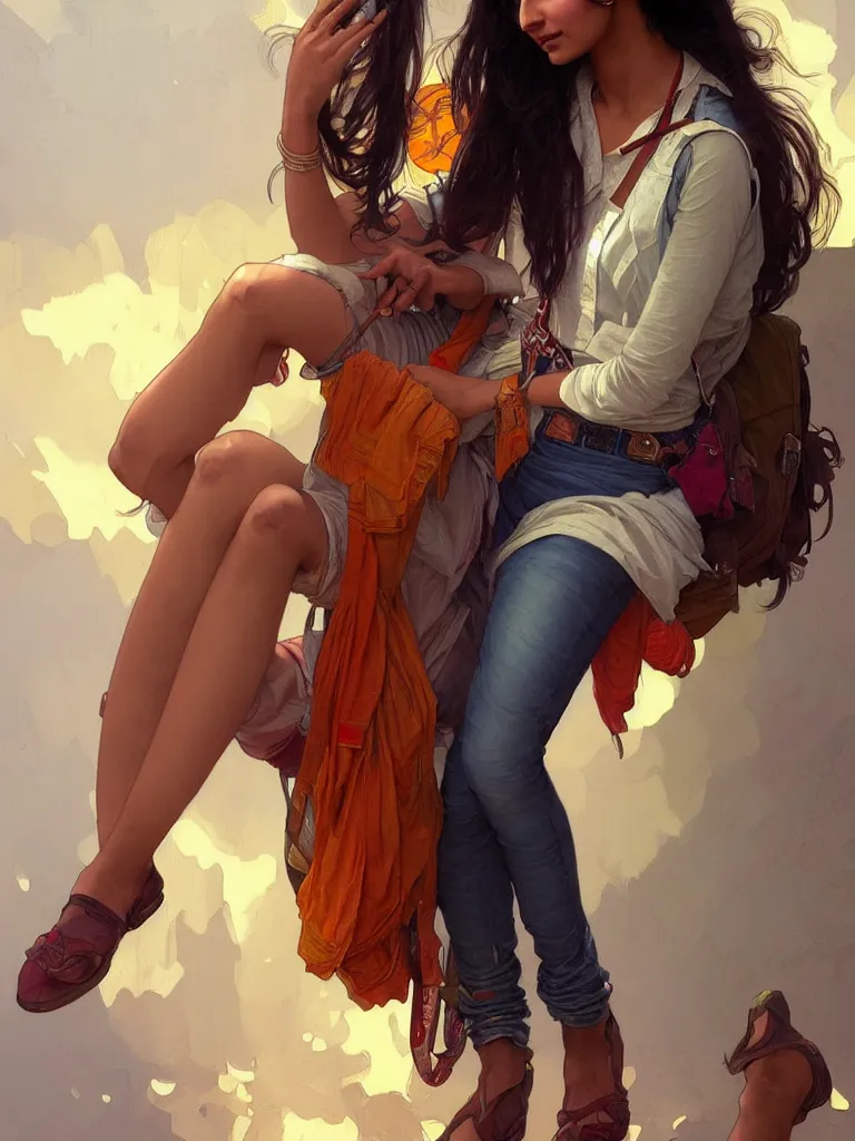 Image similar to Anxious pretty young Indian doctor wearing jeans leaving a plane, portrait, elegant, intricate, digital painting, artstation, concept art, smooth, sharp focus, illustration, art by artgerm and greg rutkowski and alphonse mucha