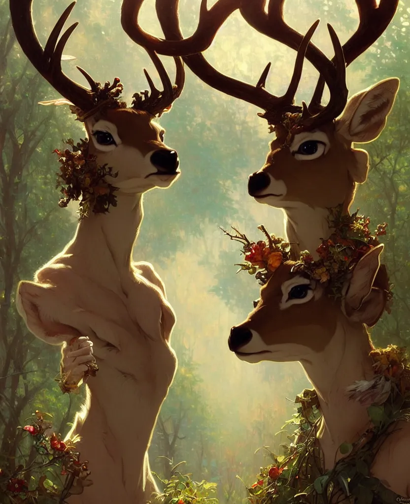 Image similar to anthropomorphic shy and nerdy deer with exquisite antlers. Renowned character illustration by greg rutkowski, thomas kindkade, alphonse mucha, loish, norman rockwell. Trending on FurAffinity.