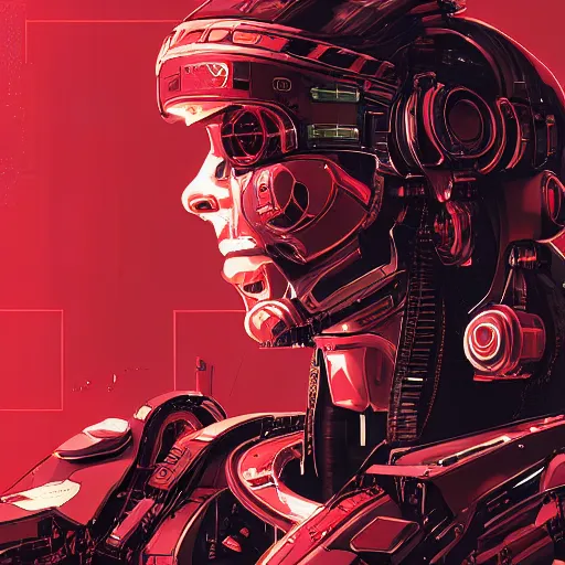 Image similar to Red cyberpunk robot concept art from the latest release of the cyberpunk video game series. This amazing side profile illustration captures the very essence of what AAA games have to offer