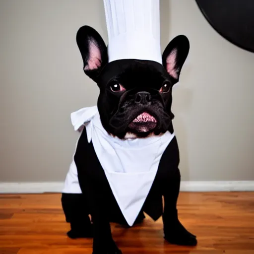 Prompt: black French Bulldog dressed as a chef