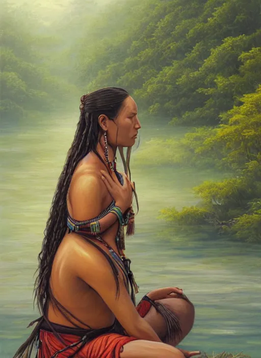 Prompt: a realistic painting of an indigenous woman with a beautiful shaman outfit meditating near a river in the amazon jungle, gazing at the water, highly detailed, art by christophe vacher