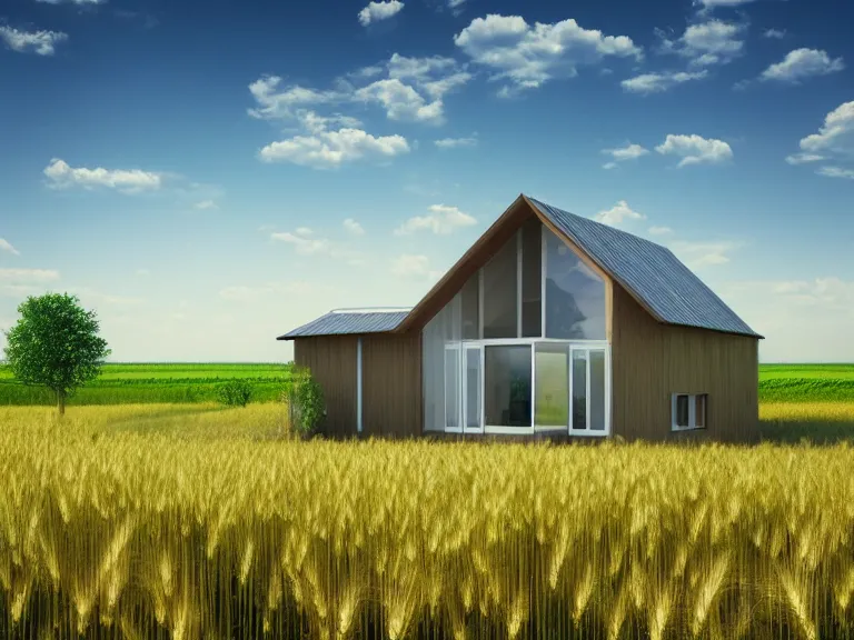 Image similar to hyperrealism concept art design of beautiful eco house in small ukrainian village, wheat field behind the house