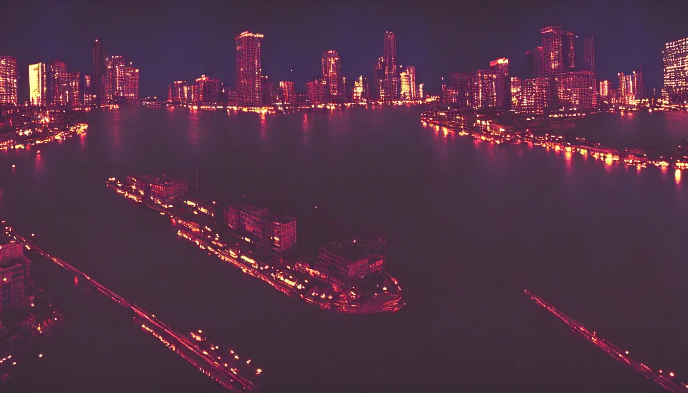 Prompt: 80s asian neon movie still with a panorama of a river at night with city lights in the background. Fallen angels movie still. hyperrealistic, high definition, medium format photography, highly detailed, tehnicolor, anamorphic 50mm lens